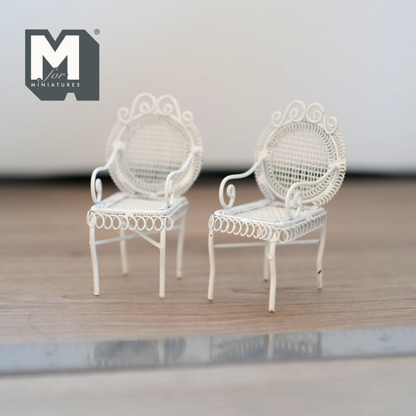Dollhouse Fairy Garden Wire Chairs Miniature Bistro Patio Chairs Set of 2 , 2-11/16 inch tall (metal) (white)
