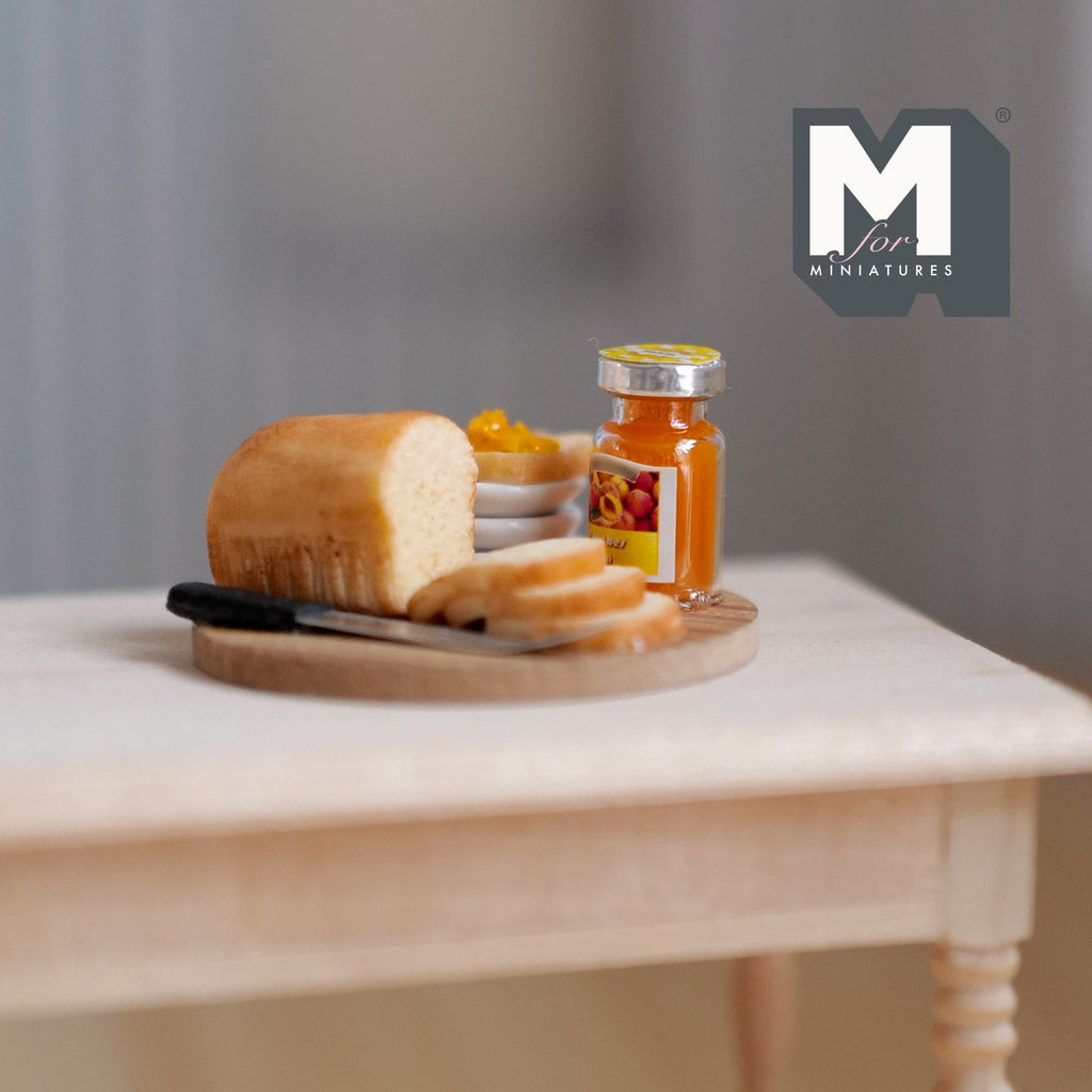 1:12 Scale Miniature Bread Loaf with Jam and Knife on Round Board, 1-9/16 inch dia., DIY Dollhouse Supply (non edible)