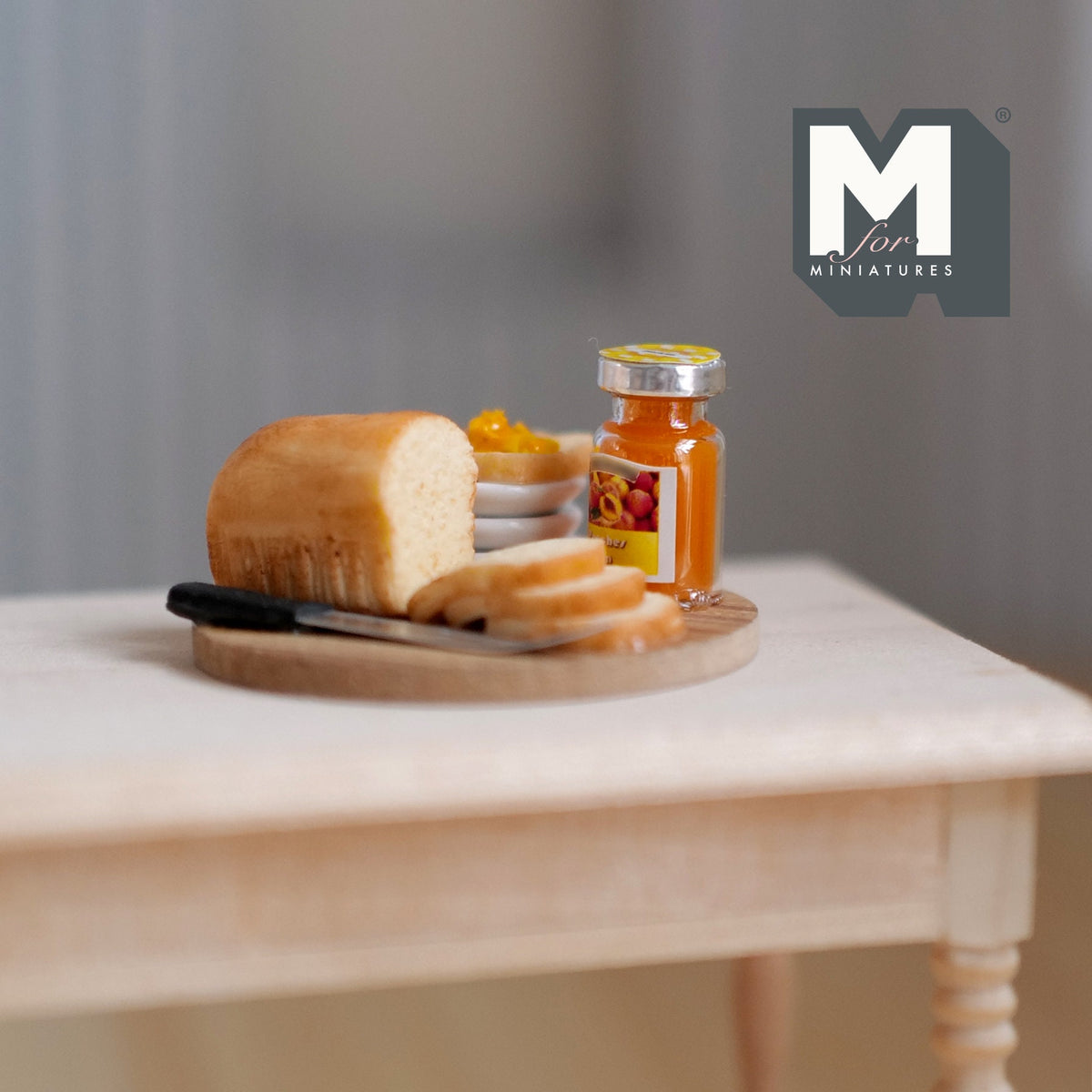 1:12 Scale Miniature Bread Loaf with Jam and Knife on Round Board, 1-9/16 inch dia., DIY Dollhouse Supply (non edible)
