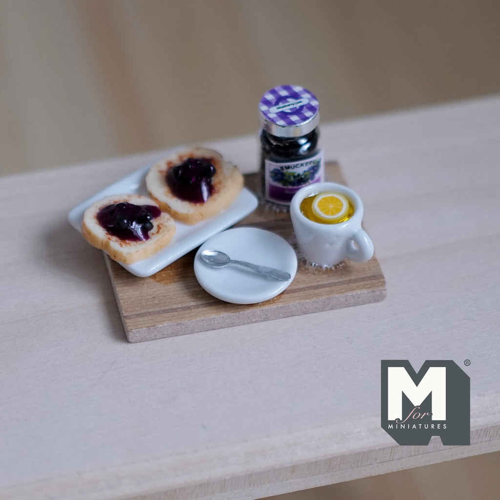 1:12 Scale Miniature Breakfast Board with Jam Toast, Jam Jar and Lemon Tea, 1-9/16 inch long, DIY Dollhouse Supply
