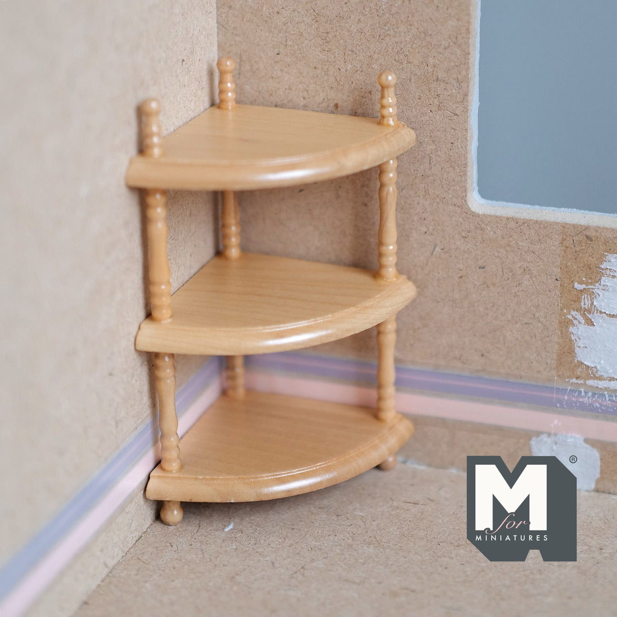 1:12 Scale Miniature Wood Corner Shelf Unit, 3 Tiers, 3-3/4 inch tall, DIY Dollhouse Supply (brown)