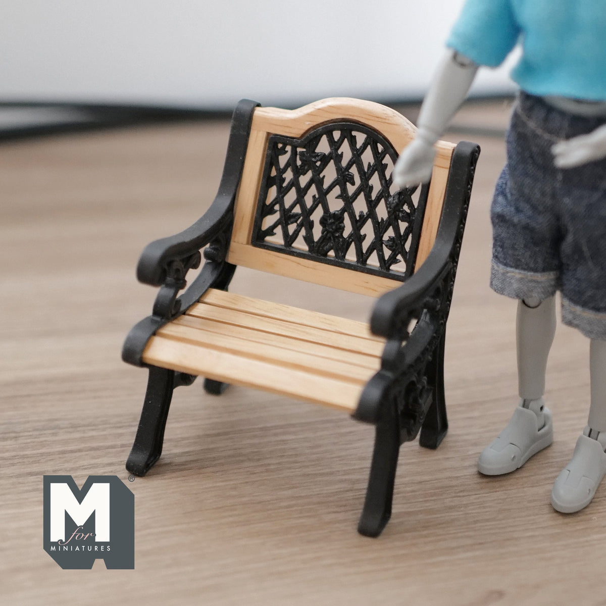 1:12 Scale Miniature Metal Garden Chair, Lattice Back, Wood Seat Slats, 2-15/16 inch tall, DIY Dollhouse Supply (black)