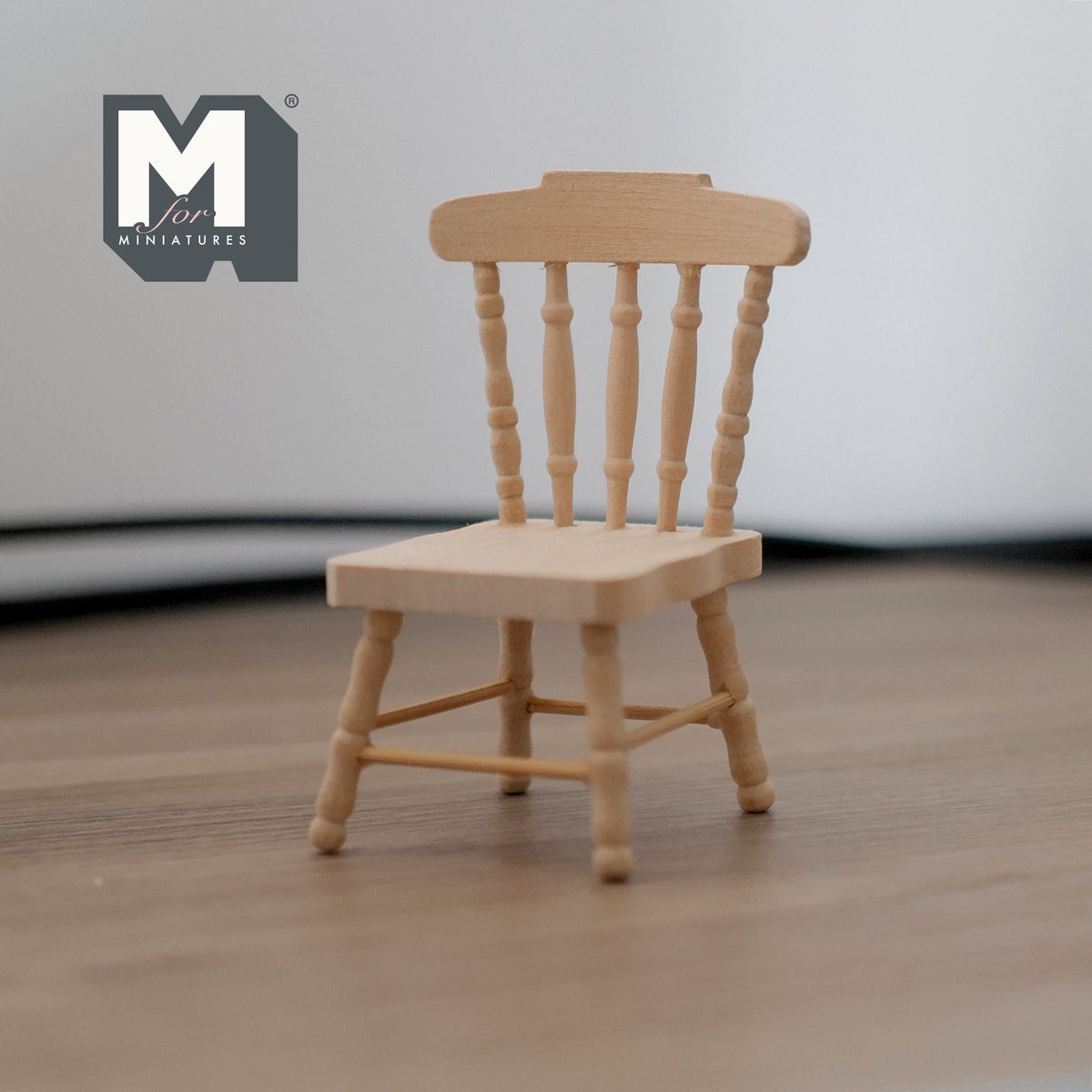 1:12 Scale Miniature Unpainted Wood Windsor Spindle Back Dining Chair, 3-1/8 inch tall, DIY Dollhouse Supply