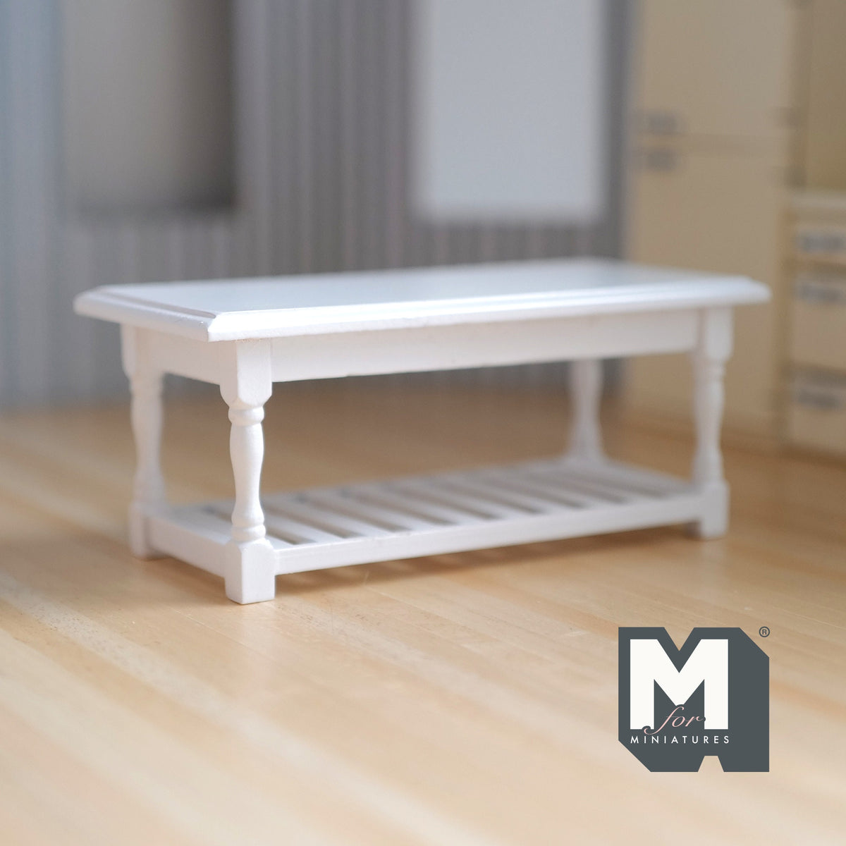 1:12 Scale Miniature Wood Kitchen Prep Table with Slatted Shelf, 5-11/16 inch long, DIY Dollhouse Supply (white)