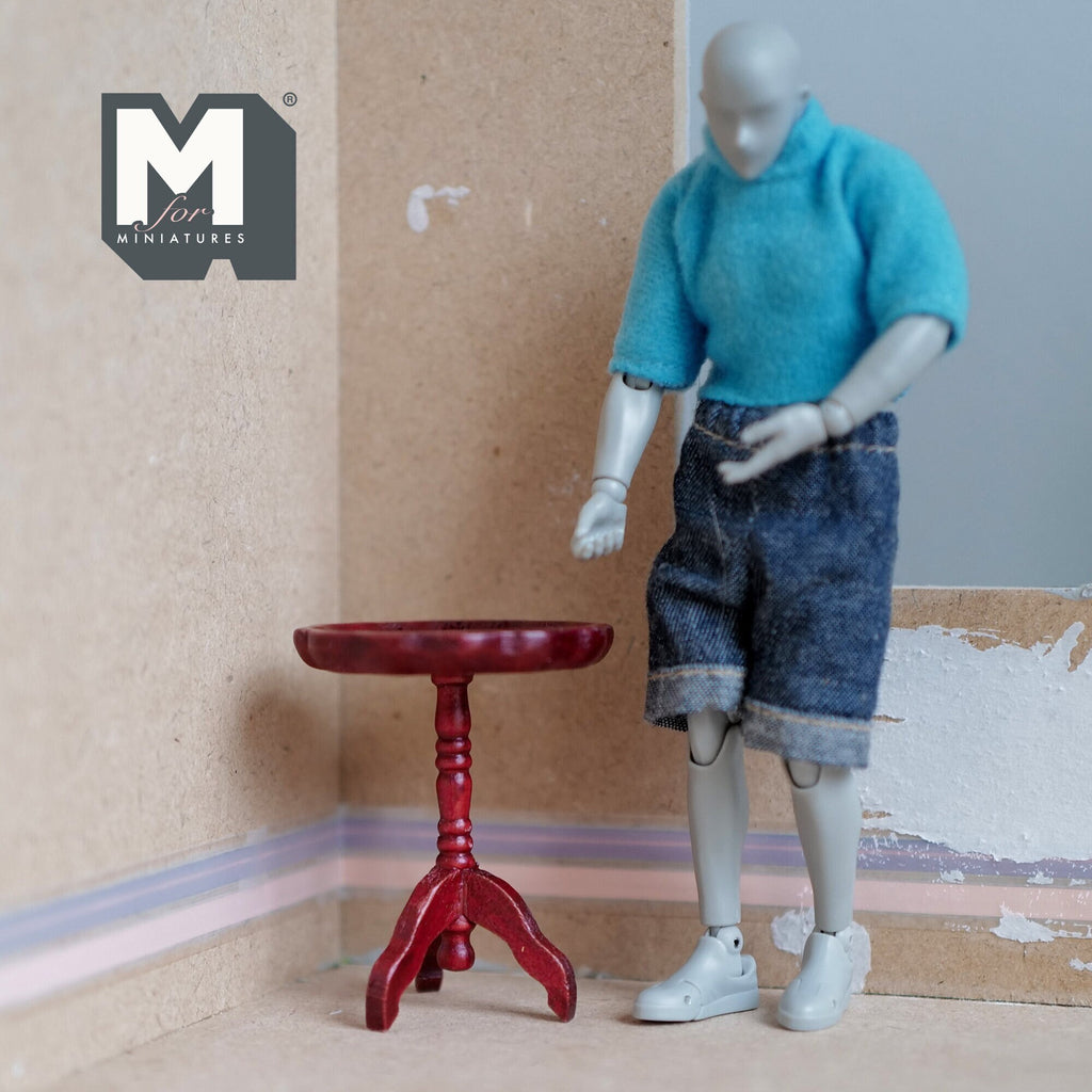 1:12 Scale Miniature Wood Pie Crust Round Table, Tripod Pedestal Base, 2-3/16 inch tall, DIY Dollhouse Supply (burgundy)