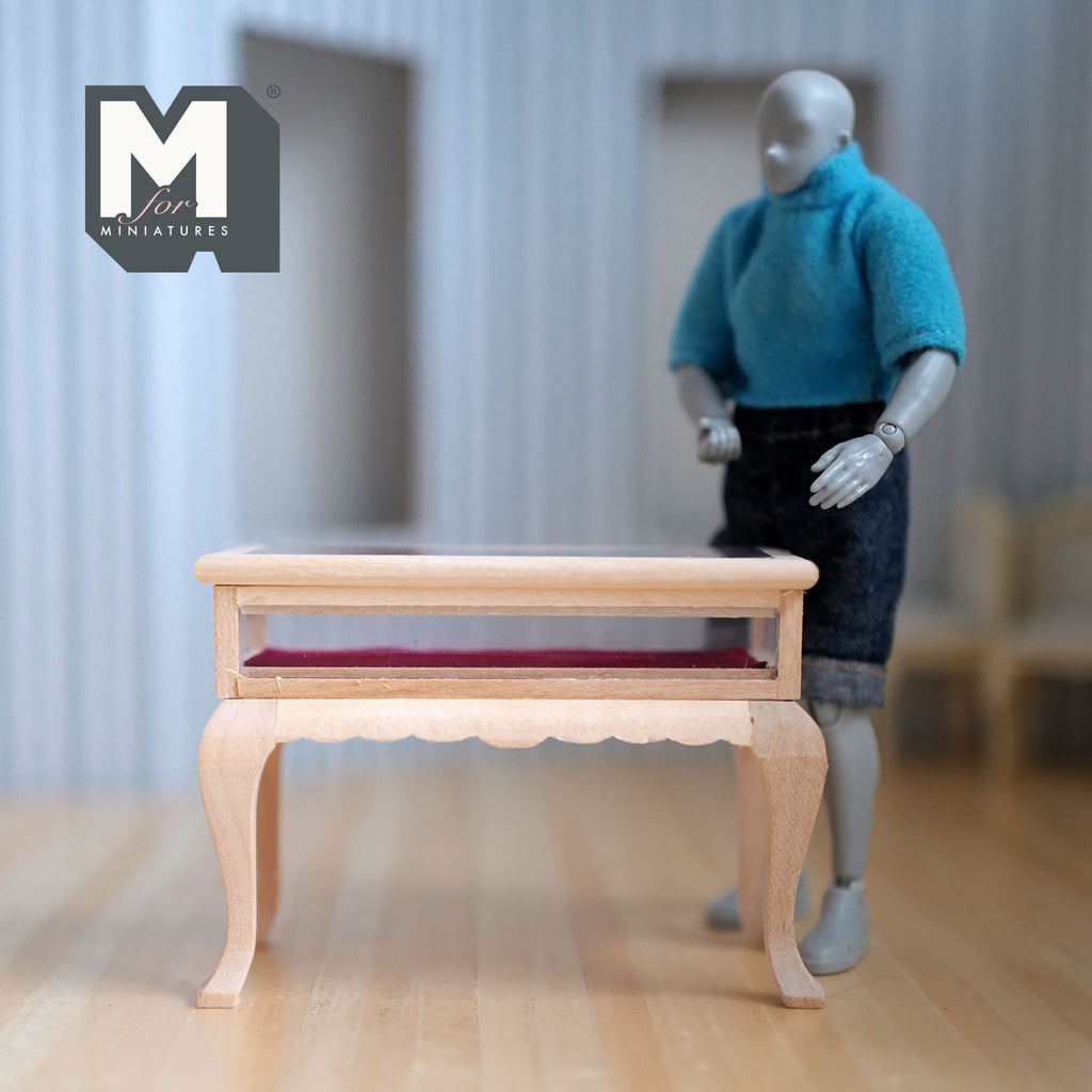 1:12 Scale Miniature Unpainted Wood Jewelry Display Table, Clear Cover, 2-5/8 inch tall, DIY Dollhouse Supply