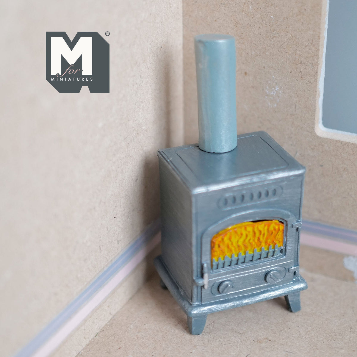 1:12 Scale Miniature Retro Wood Burning Stove with Chimney, 4-3/16 inch tall, DIY Dollhouse Supply (cast resin)