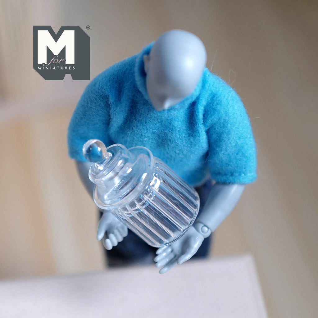1:12 Scale Miniature Ribbed Glass Canister with Lid, 1-7/16 inch tall, DIY Dollhouse Supply (clear)