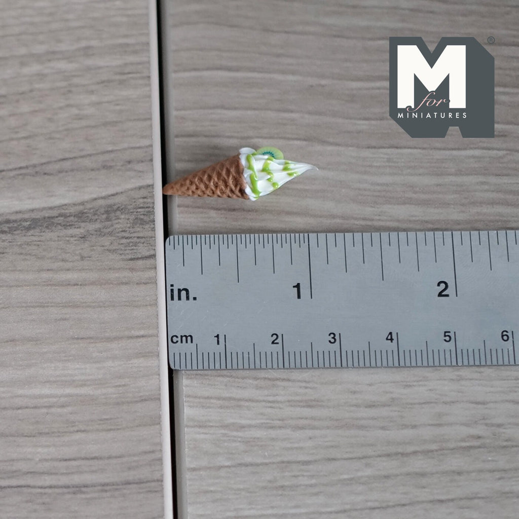1:12 Scale Miniature Soft Serve Ice Cream Cone with Kiwi Slices, 1 inch tall, DIY Dollhouse Supply (green and white)