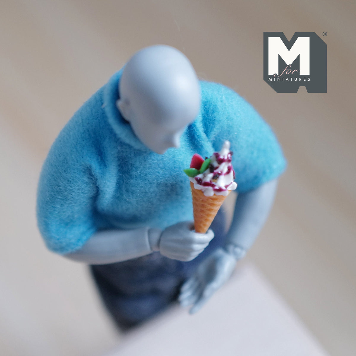 1:12 Scale Miniature Soft Serve Ice Cream Cone with Strawberries and Chocolate, 1 inch tall, DIY Dollhouse Supply (brown and white)