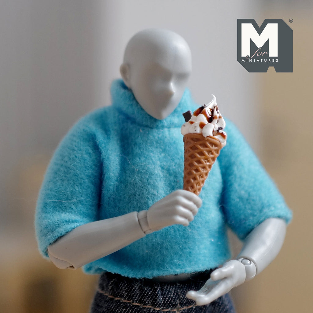 1:12 Scale Miniature Soft Serve Ice Cream Cone with Strawberries and Chocolate, 1 inch tall, DIY Dollhouse Supply (brown and white)