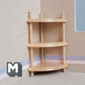 1:12 scale miniature wood corner shelf unit in brown with 3 tiers and turned posts, shown in a room corner