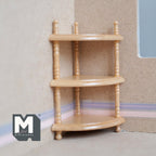 1:12 scale miniature wood corner shelf unit in brown with 3 tiers and turned posts, shown in a room corner