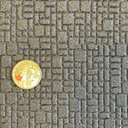 1:12 scale miniature mixed cut stone paving foam board, dark gray stones in mixed sizes, shown with a coin for scale