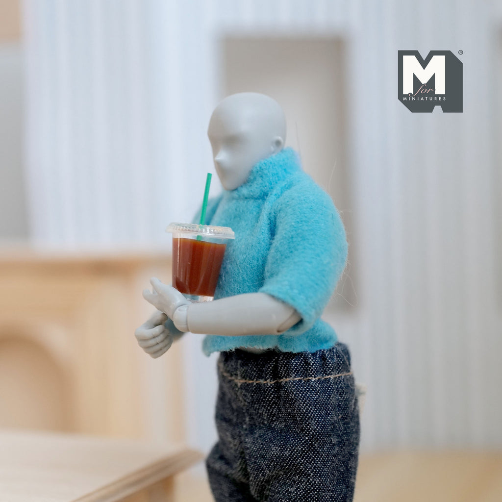 1:6 Scale Miniature Iced Coffee Cup with Lid and Straw, 9/16 inch tall, DIY Dollhouse Supply