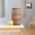 1:12 scale miniature wood beer barrel with tap and a mug of beer, set of 2, barrel with gray bands shown on a wood table