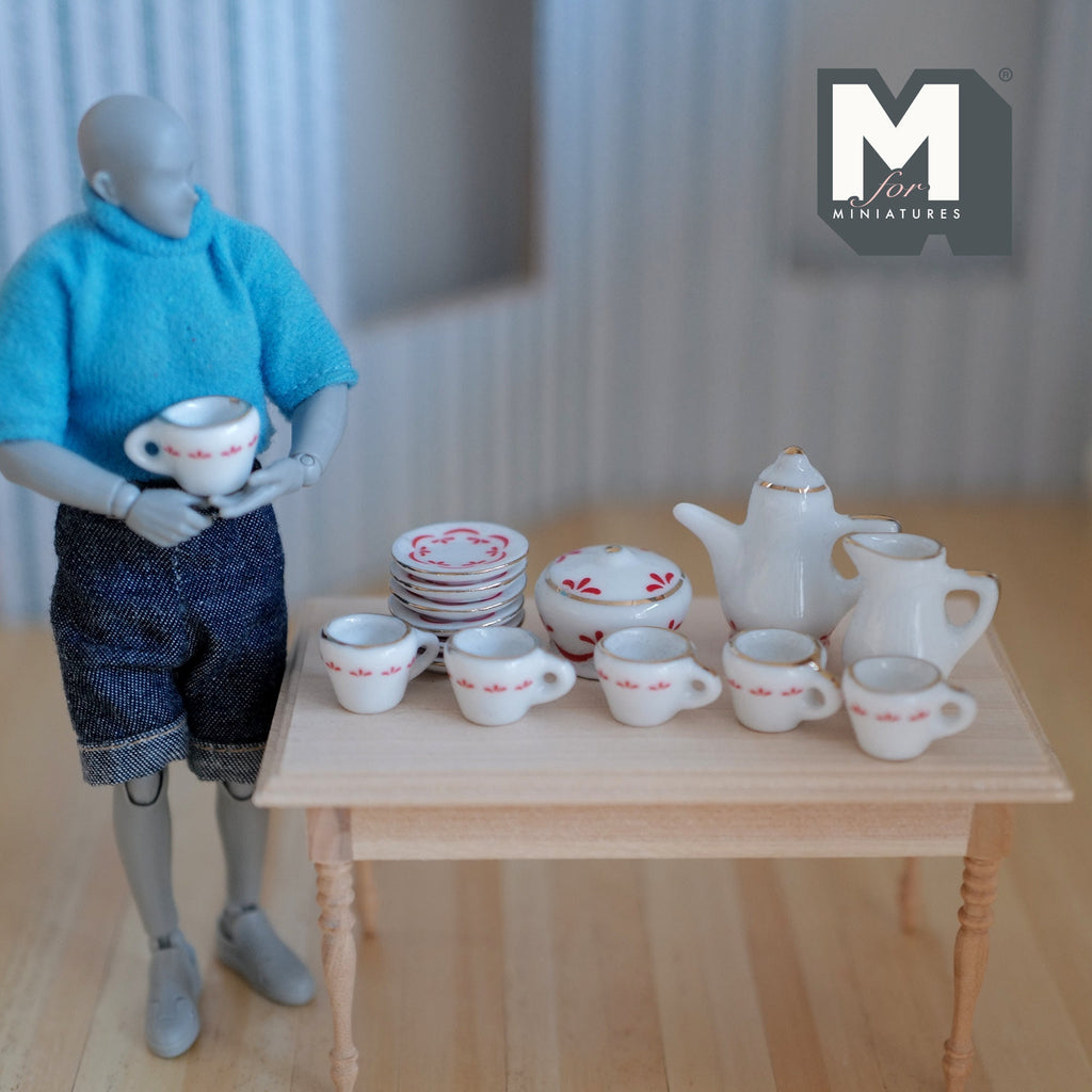 1:12 Scale Miniature Porcelain Tea Set with Leaf Pattern, 15 Pieces, 1-5/16 inch tall, DIY Dollhouse Supply