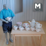 Dollhouse Supplies miniature porcelain ceramic teapot and cups 15 piece set leaves - A054