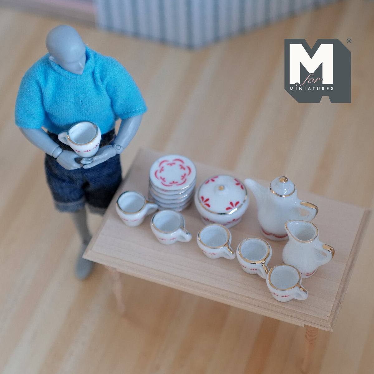 1:12 Scale Miniature Porcelain Tea Set with Leaf Pattern, 15 Pieces, 1-5/16 inch tall, DIY Dollhouse Supply