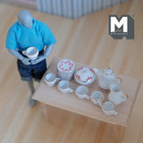 Dollhouse Supplies miniature porcelain ceramic teapot and cups 15 piece set leaves - A054