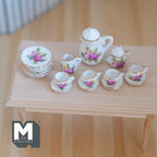 1/12スケール ミニチュア磁器ティーセット、ピンクの花と緑の葉、15点セット、ドールハウスDIY素材
