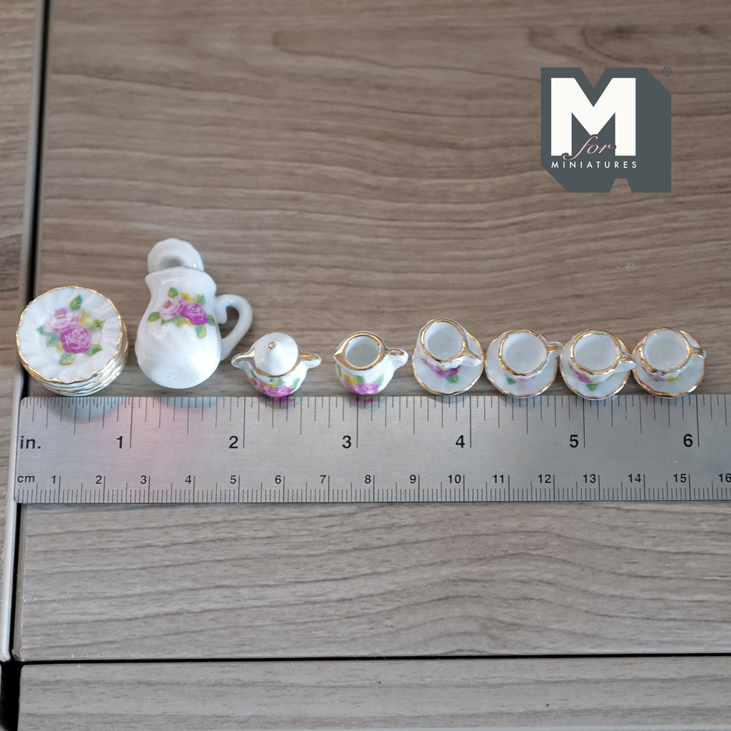 1/12スケール ミニチュア磁器ティーセット、ピンクの花と緑の葉、15点セット、ドールハウスDIY素材