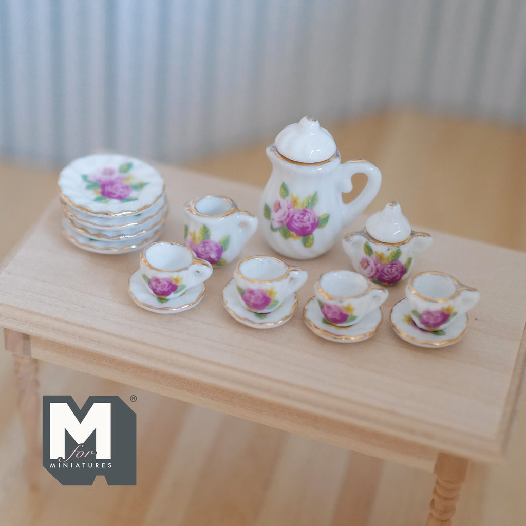 1/12スケール ミニチュア磁器ティーセット、ピンクの花と緑の葉、15点セット、ドールハウスDIY素材
