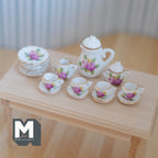 1/12スケール ミニチュア磁器ティーセット、ピンクの花と緑の葉、15点セット、ドールハウスDIY素材