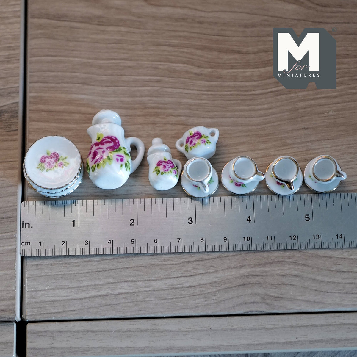 1:12 Scale Miniature Porcelain Tea Set, Red and Pink Flowers with Leaves, Set of 15, DIY Dollhouse Supply