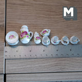 Dollhouse miniature porcelain ceramic teapot and cups 15 piece set flowers and leaves- A063