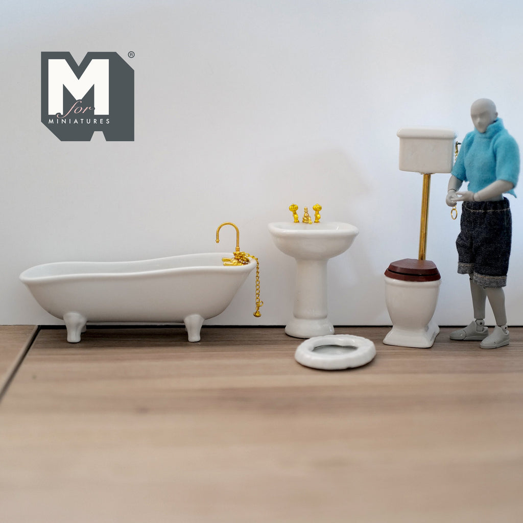 1:12 Scale Miniature Bathroom Set, Clawfoot Tub, Pedestal Sink, High Tank Toilet and Oval Mirror, Set of 4, DIY Dollhouse Supply