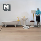 1:12 scale miniature bathroom set of 4 with white clawfoot tub, pedestal sink, high tank toilet and oval mirror
