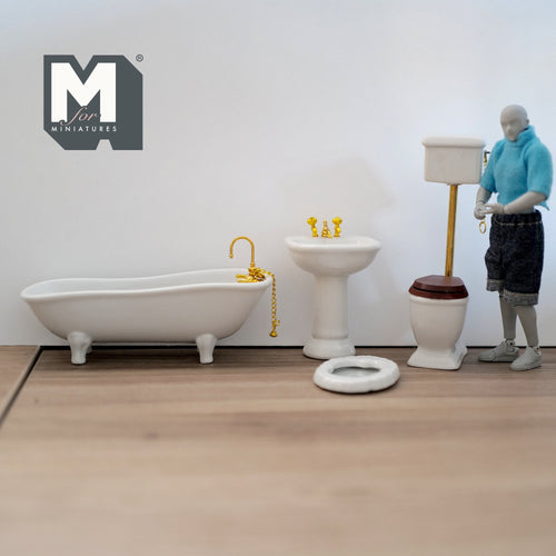 1:12 scale miniature bathroom set of 4 with white clawfoot tub, pedestal sink, high tank toilet and oval mirror