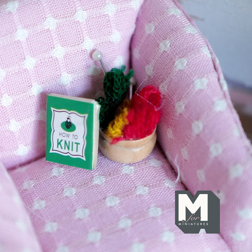 1:12 Scale Miniature Knitting Basket with Yarn, Needles and Book, 13/16 inch tall, DIY Dollhouse Supply