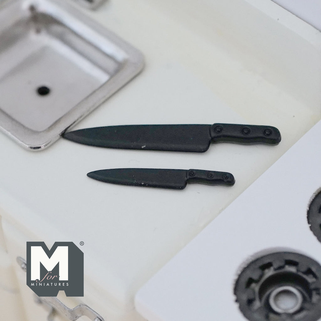 1:12 Scale Miniature Chef and Slicing Knives, Set of 2, 1-7/16 inch long, DIY Dollhouse Supply (black)