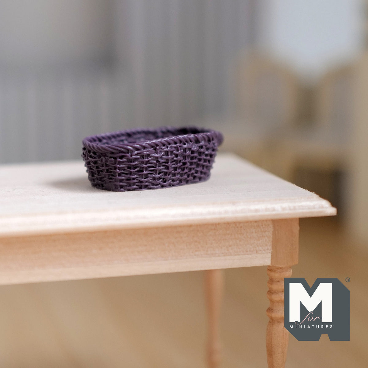 1:12 Scale Miniature Oval Rope Basket with Handles, 1-1/2 inch long, DIY Dollhouse Supply (purple)