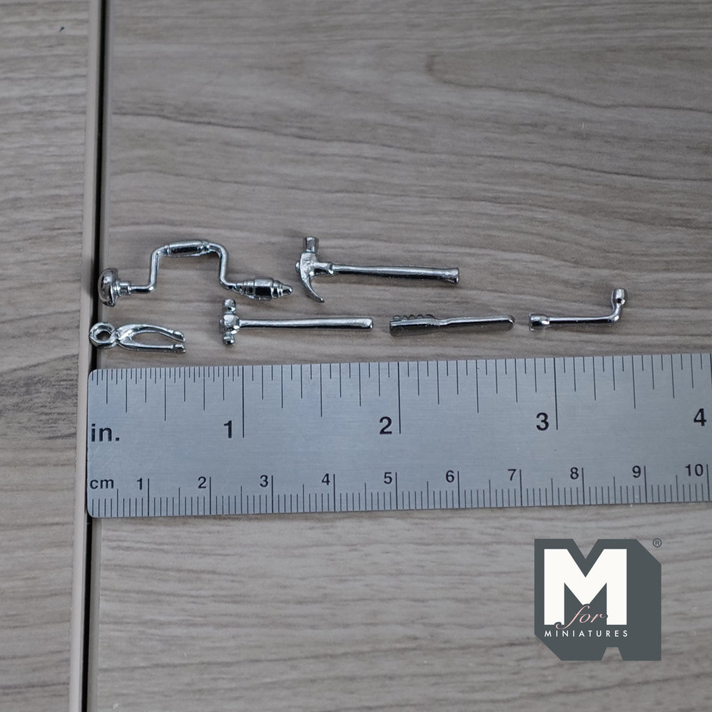 1:12 Scale Miniature Metal Hand Tools, Hammers, Pincers and Bit Brace, Set of 6, 1-1/16 inch long, DIY Dollhouse Supply