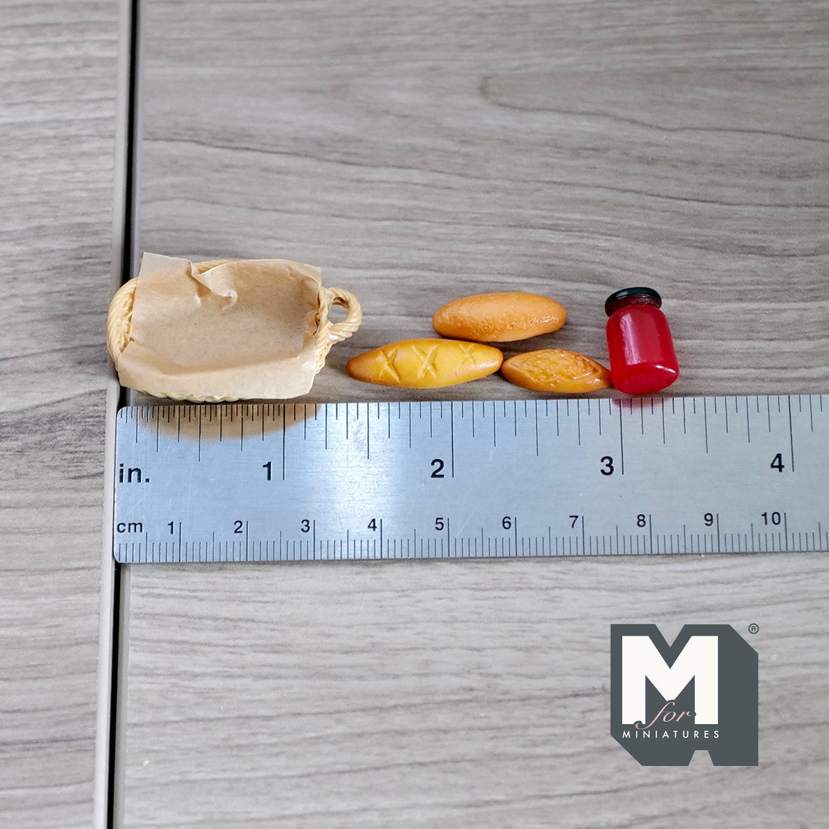1:12 Scale Miniature Bread Rolls and Jam with Rope Basket, Set of 5, 1-1/2 inch long, DIY Dollhouse Supply
