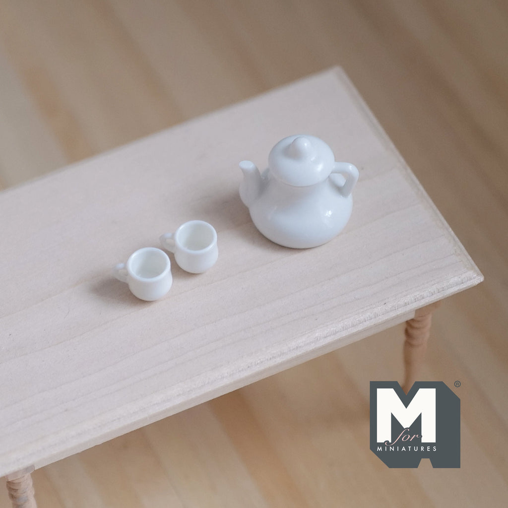 1:12 Scale Miniature Porcelain Teapot with 2 Cups, Set of 3, 1 inch tall, DIY Dollhouse Supply (white)