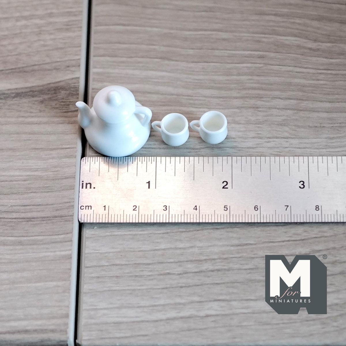 1:12 Scale Miniature Porcelain Teapot with 2 Cups, Set of 3, 1 inch tall, DIY Dollhouse Supply (white)