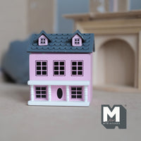 Dollhouse decoration miniature house with swing front wall and swing roof tiny house-in-a-house (dark pink)