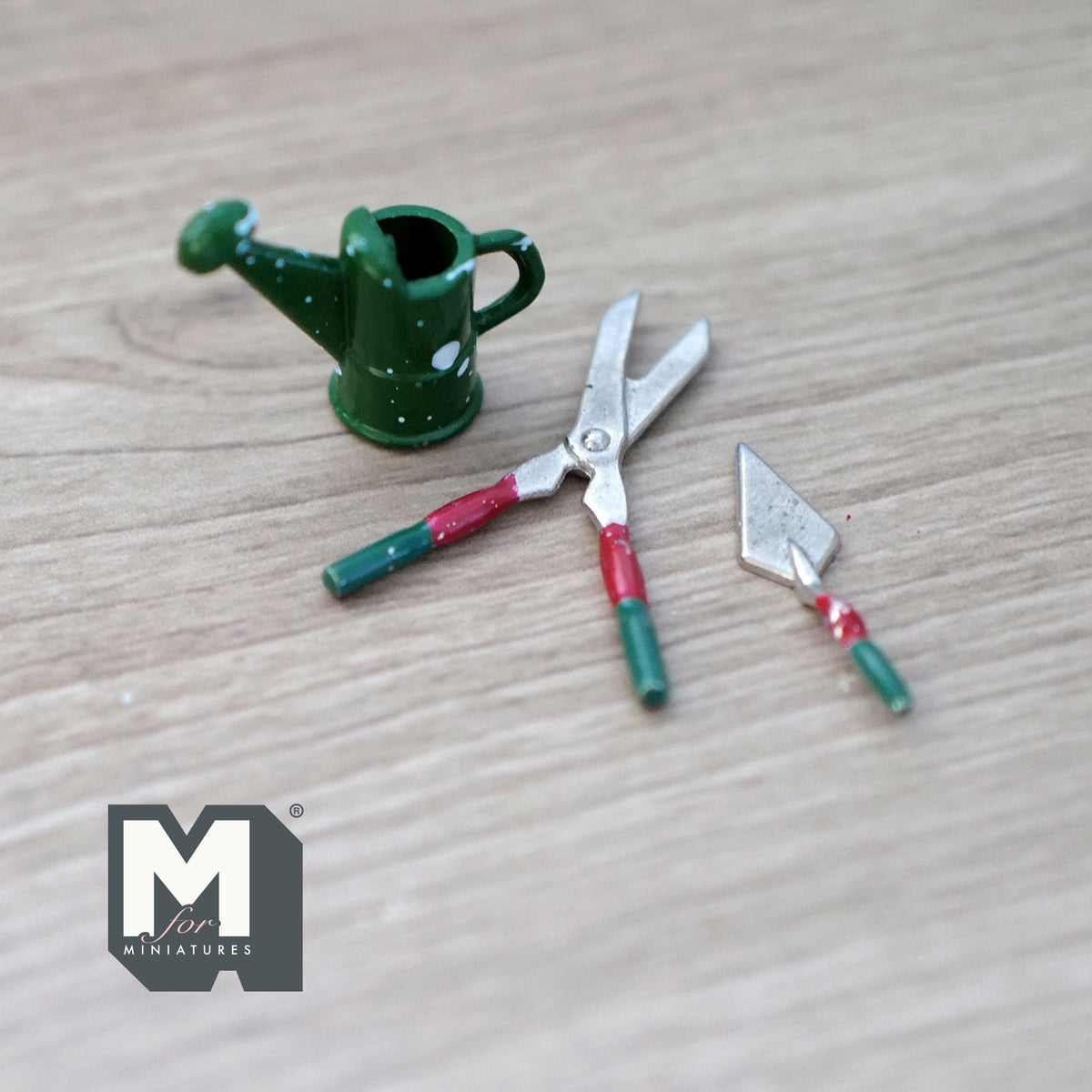 1:12 Scale Miniature Garden Tools, Watering Can, Trowel and Shears, Set of 3, 1-5/8 inch long, DIY Dollhouse Supply (green and red)