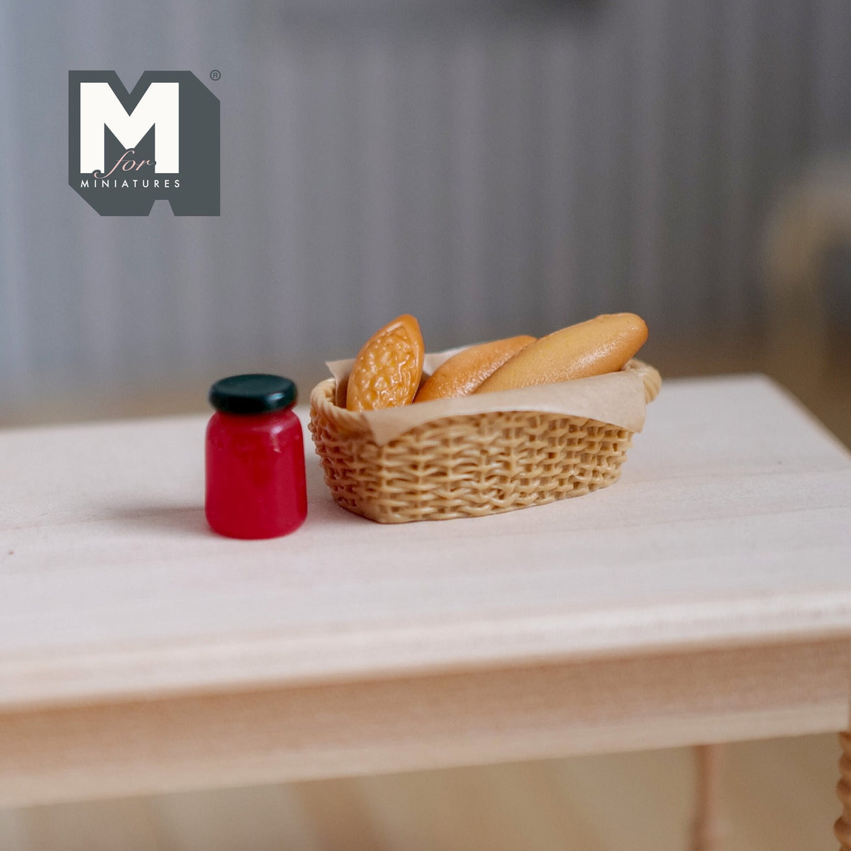 1:12 Scale Miniature Bread Rolls and Jam with Rope Basket, Set of 5, 1-1/2 inch long, DIY Dollhouse Supply