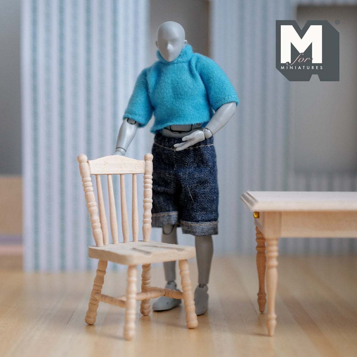 1:12 Scale Miniature Unpainted Wood Spindle Back Side Chair, 3-1/8 inch tall, DIY Dollhouse Supply