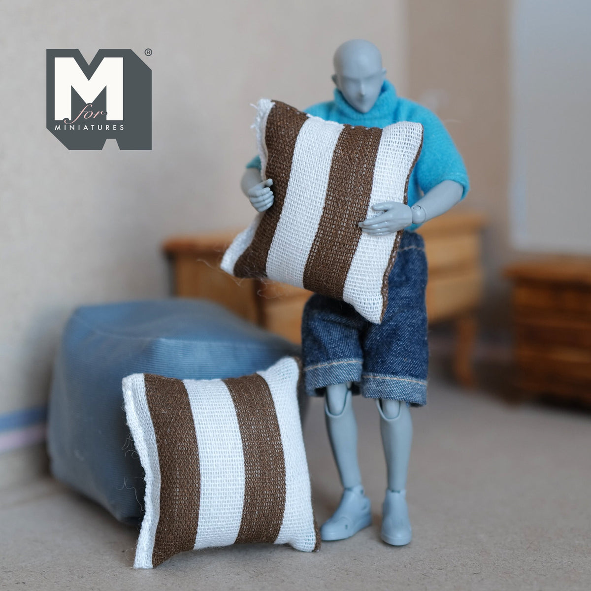 1:12 Scale Miniature Striped Square Cushions, Set of 2, 2 inch wide, DIY Dollhouse Supply (beige and brown)