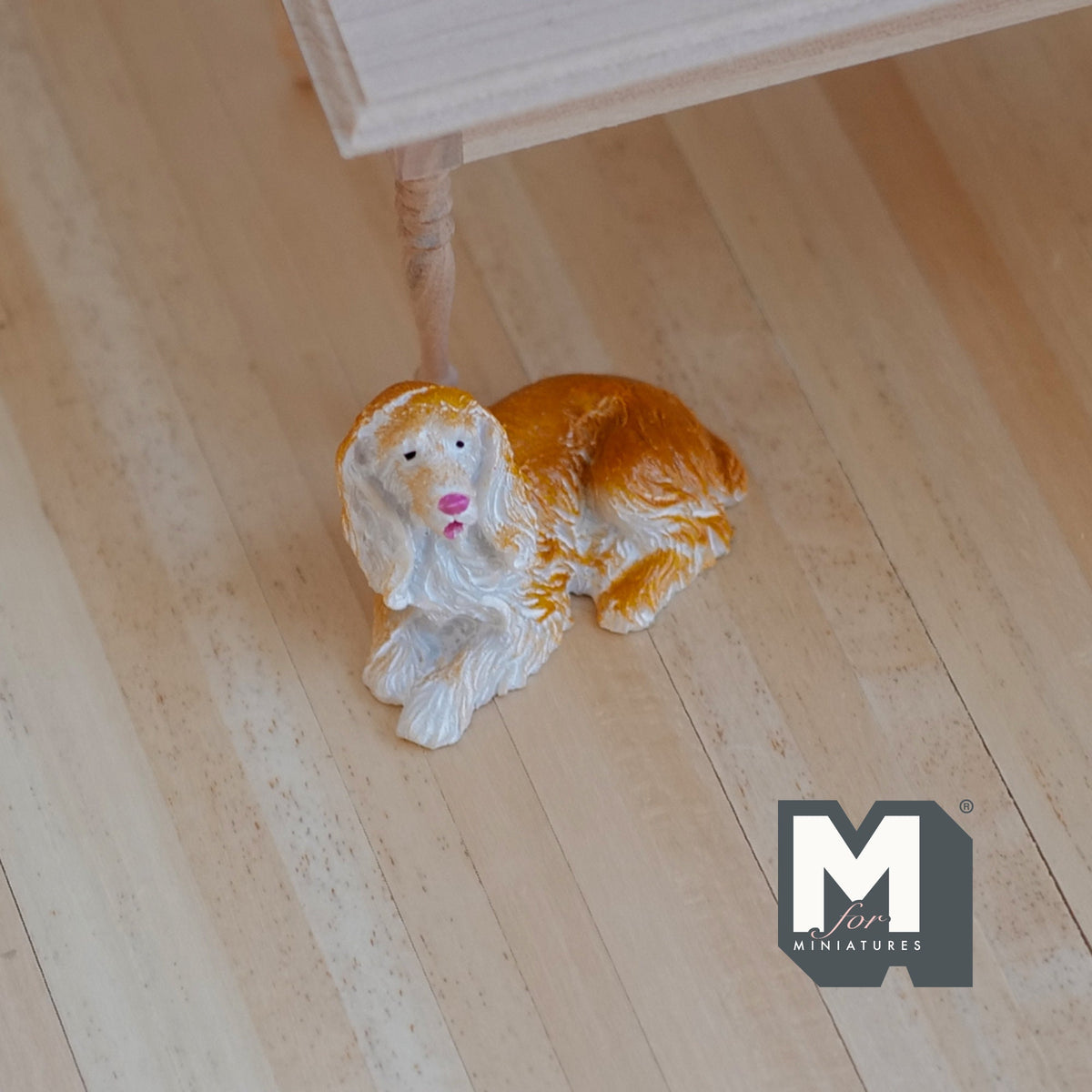 1:12 Scale Miniature Lying Cocker Spaniel Dog, White and Tan, 1-13/16 inch long, DIY Dollhouse Supply (cast resin)