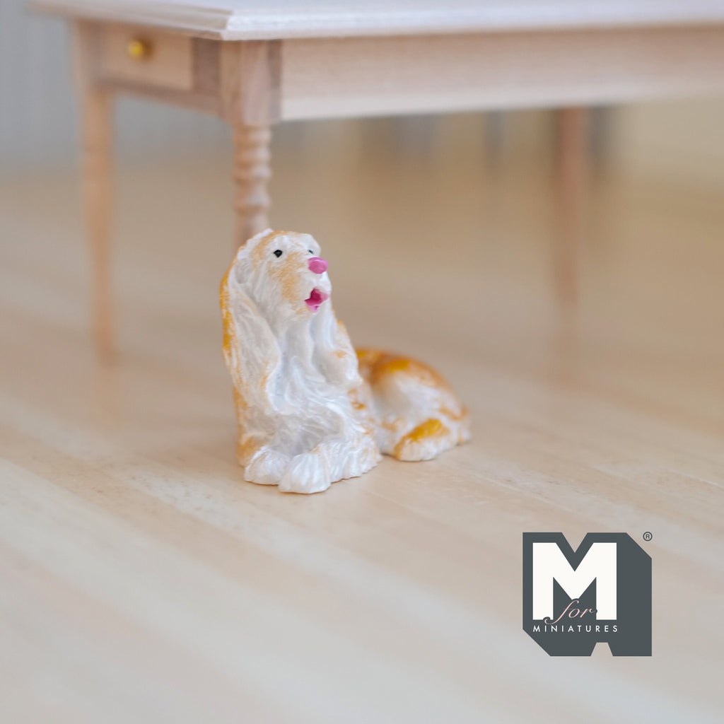 1:12 Scale Miniature Lying Cocker Spaniel Dog, White and Tan, 1-13/16 inch long, DIY Dollhouse Supply (cast resin)