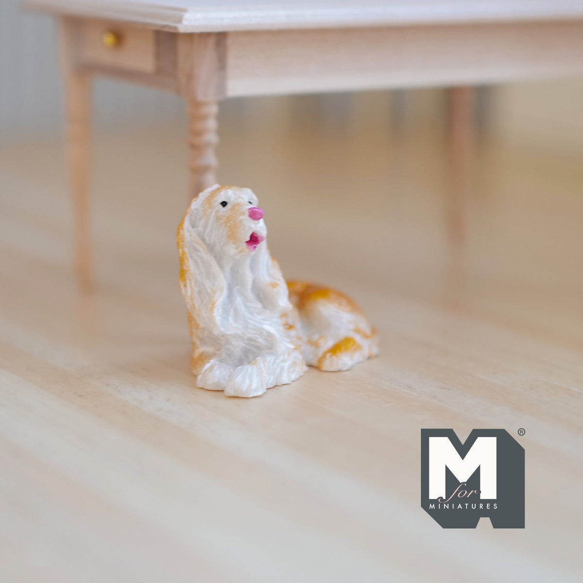1:12 Scale Miniature Lying Cocker Spaniel Dog, White and Tan, 1-13/16 inch long, DIY Dollhouse Supply (cast resin)