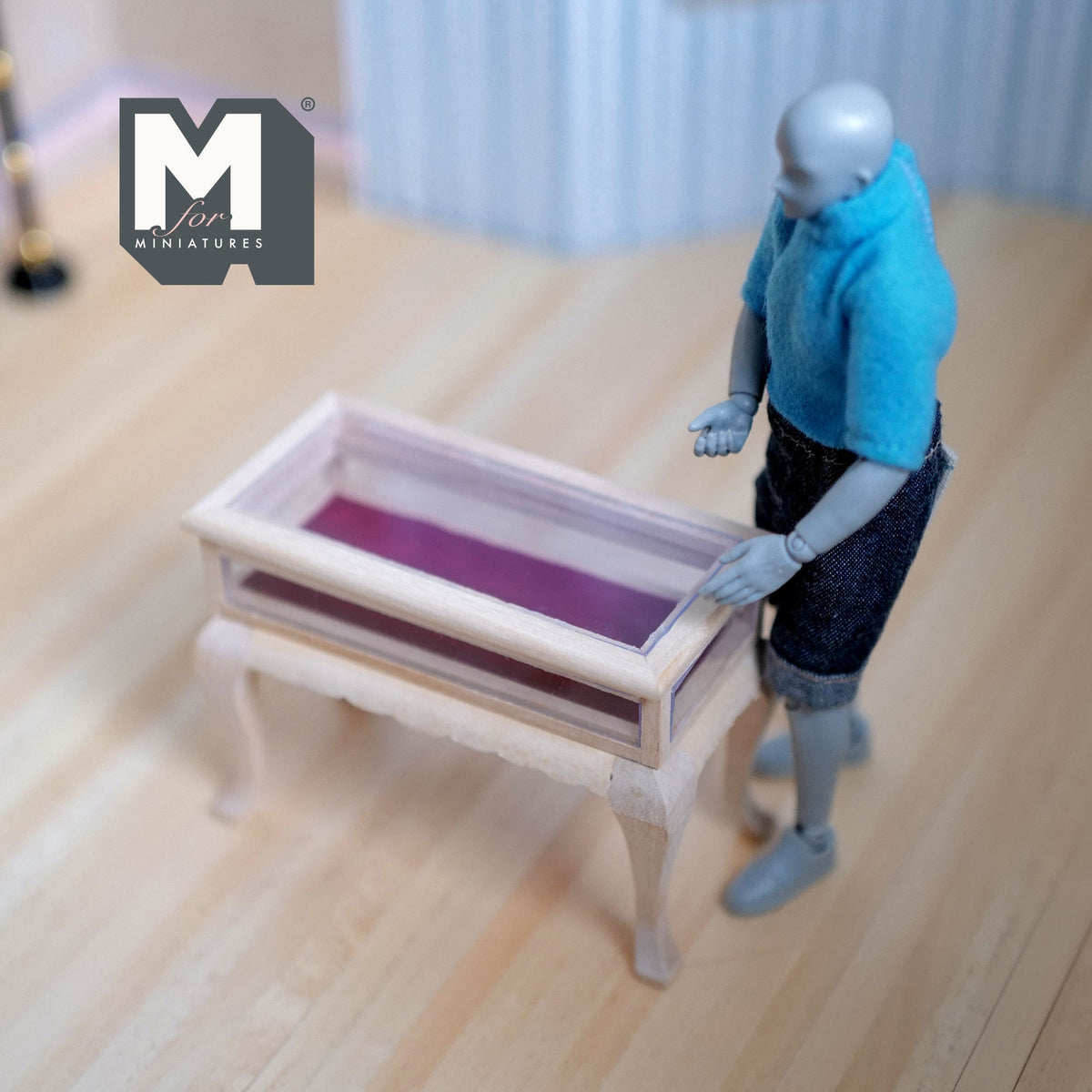 1:12 Scale Miniature Unpainted Wood Jewelry Display Table, Clear Cover, 2-5/8 inch tall, DIY Dollhouse Supply