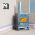 1:12 scale miniature cast resin retro wood burning stove with chimney, gray blue with an orange fire window